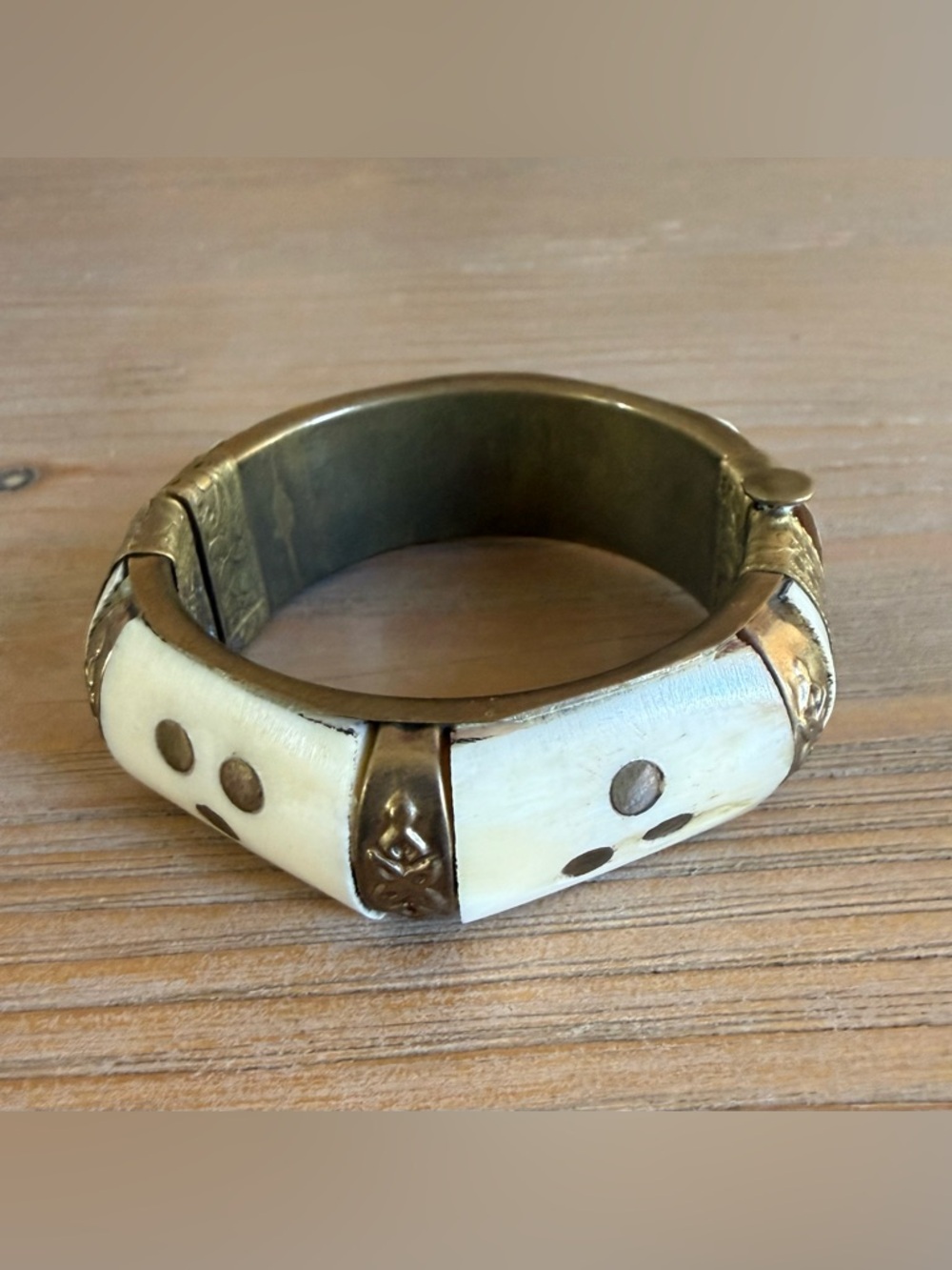 Vintage White Bone and Brass Cuff Bracelet